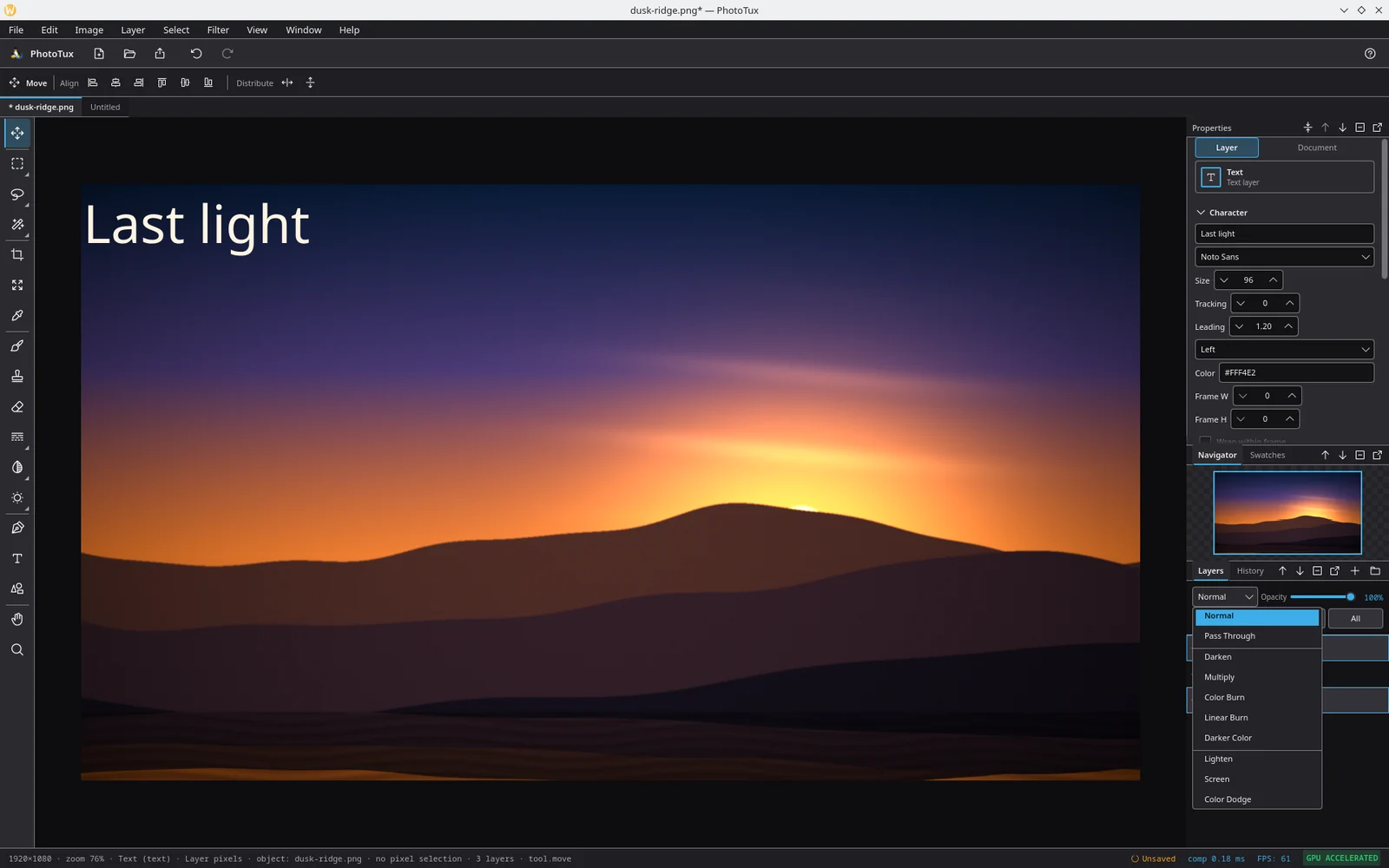 The blend-mode list open in the Layers panel, showing Normal and Pass Through, then Darken, Multiply, Color Burn, Linear Burn and Darker Color, then Lighten, Screen and Color Dodge.