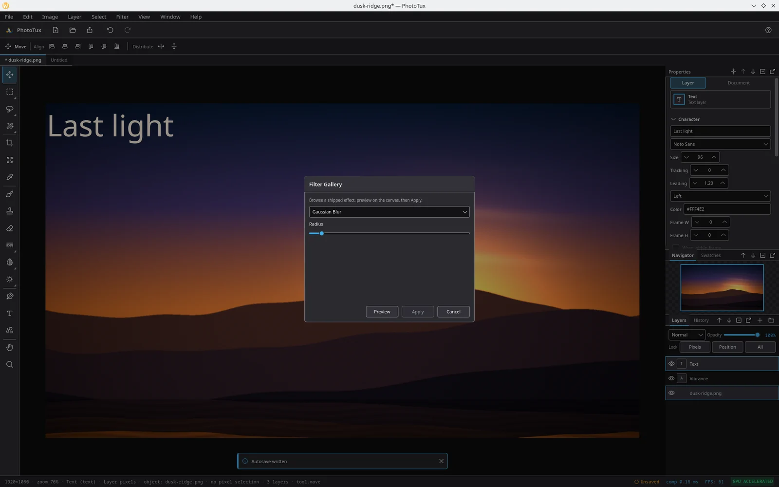 The Filter Gallery dialog over a dimmed canvas, with Gaussian Blur selected, a Radius slider, and Preview, Apply and Cancel buttons.