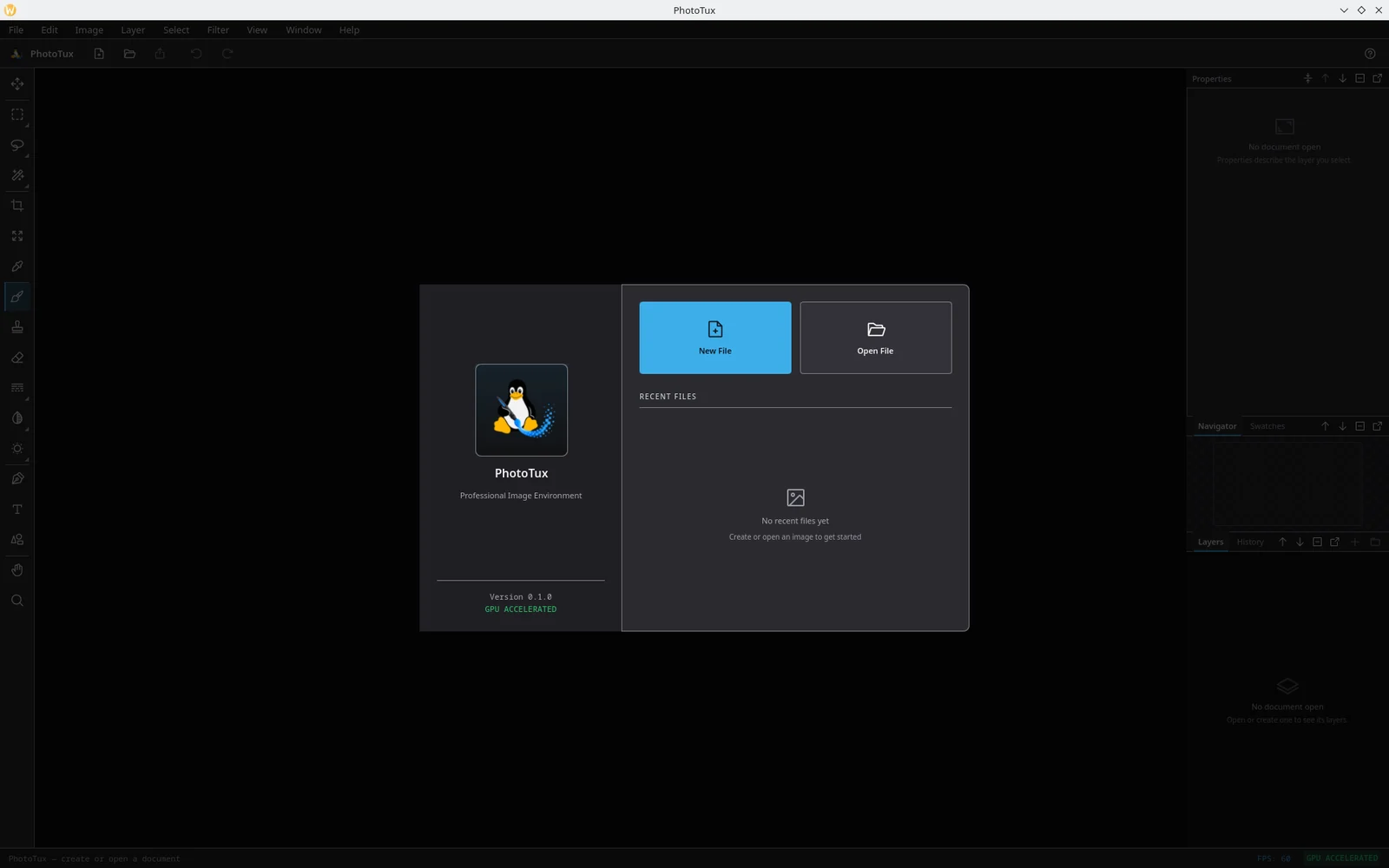 The PhotoTux welcome screen, with New File and Open File buttons and an empty recent-files list.